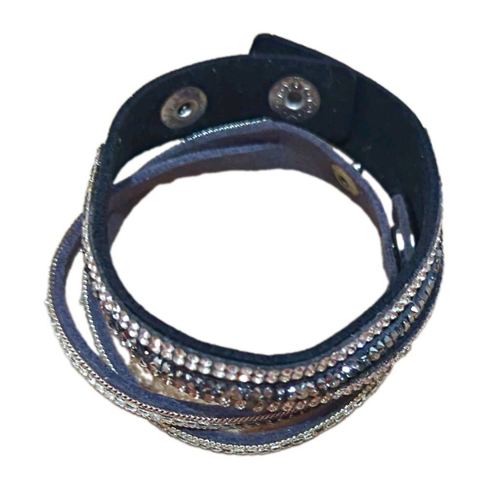 Gray Black Faux Leather Wrap Bracelet Clear Crystal Snap Adjustable